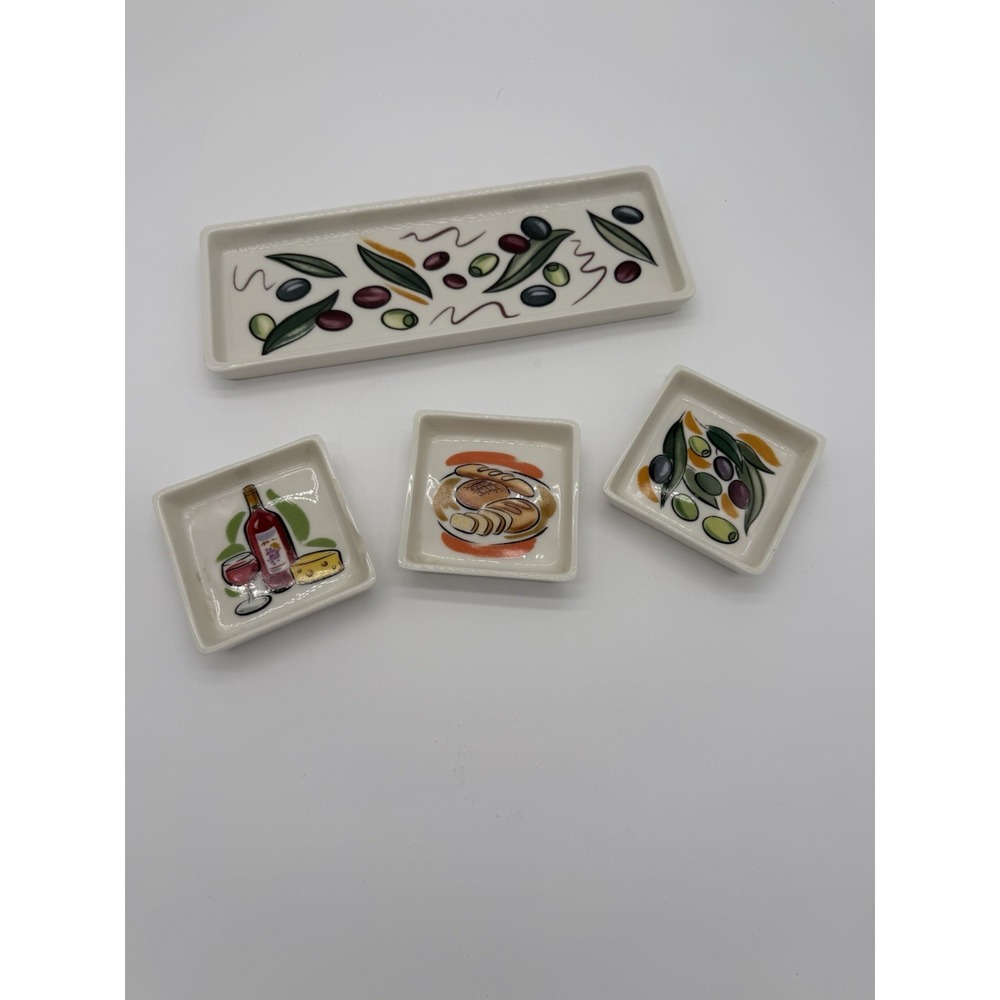 Olive Decorated Serving Tray & 3 Olive Oil Dipping Trays Set Avon